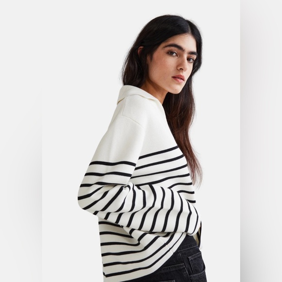 MONOPRIX Striped 100% Cotton Collared Vneck Cropped Long Sleeve Size M - Picture 2 of 6